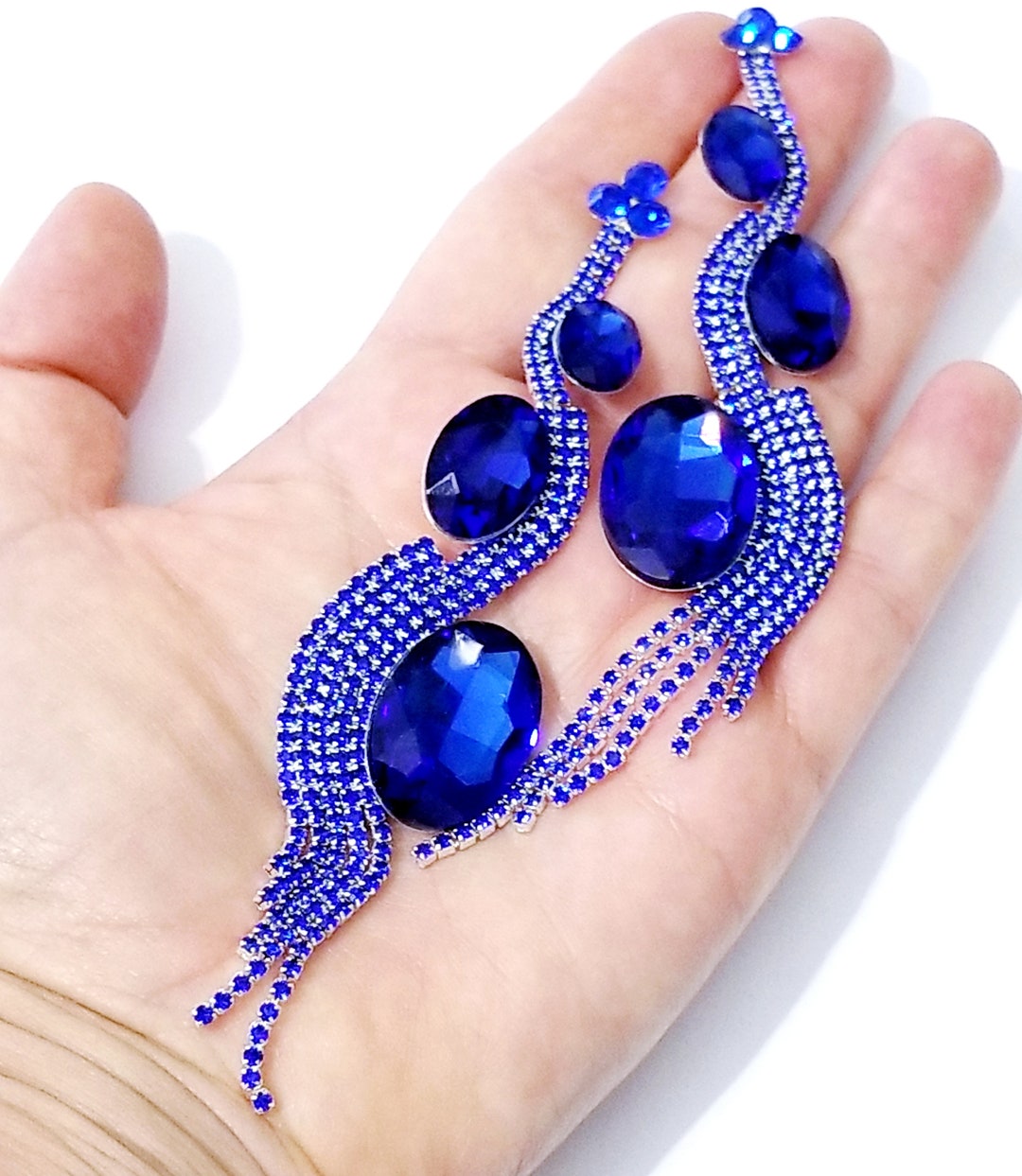 Rhinestone Drop Earrings Crystal Chandelier Earrings Blue Etsy