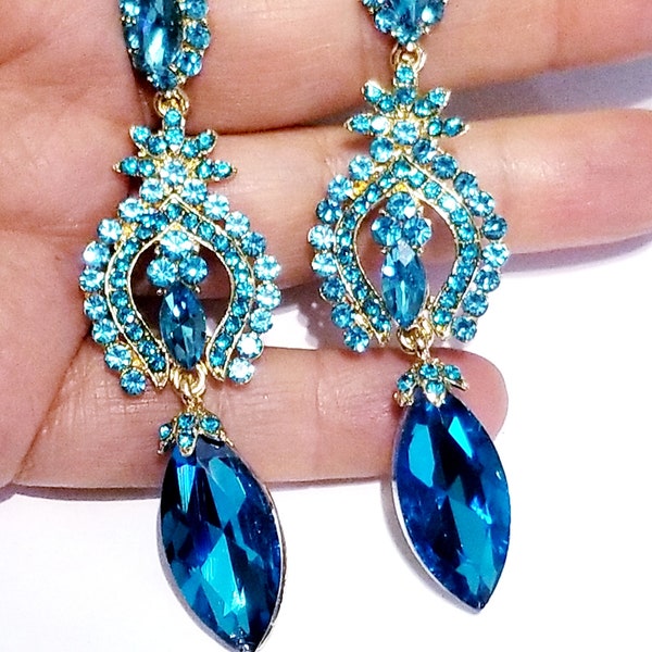 Aqua Drop Earrings, Rhinestone Chandelier Earrings, Bridal or Prom Jewelry, Austrian Crystal Pageant Earrings, 3.2 inch Gift for Her