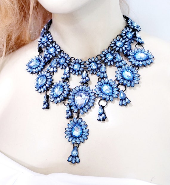 Blue Statement Necklace Gothic Rhinestone Necklace Steampunk - Etsy