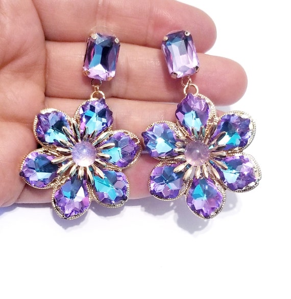 Buy Rhinestone Flower Earrings Chandelier Drop Earrings Purple