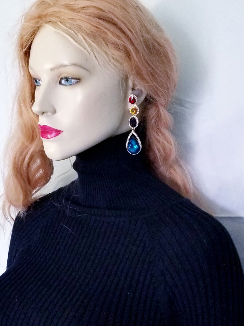Multi Color 3.5 inch Pageant Drop Earrings Rhinestone Crystal Earrings