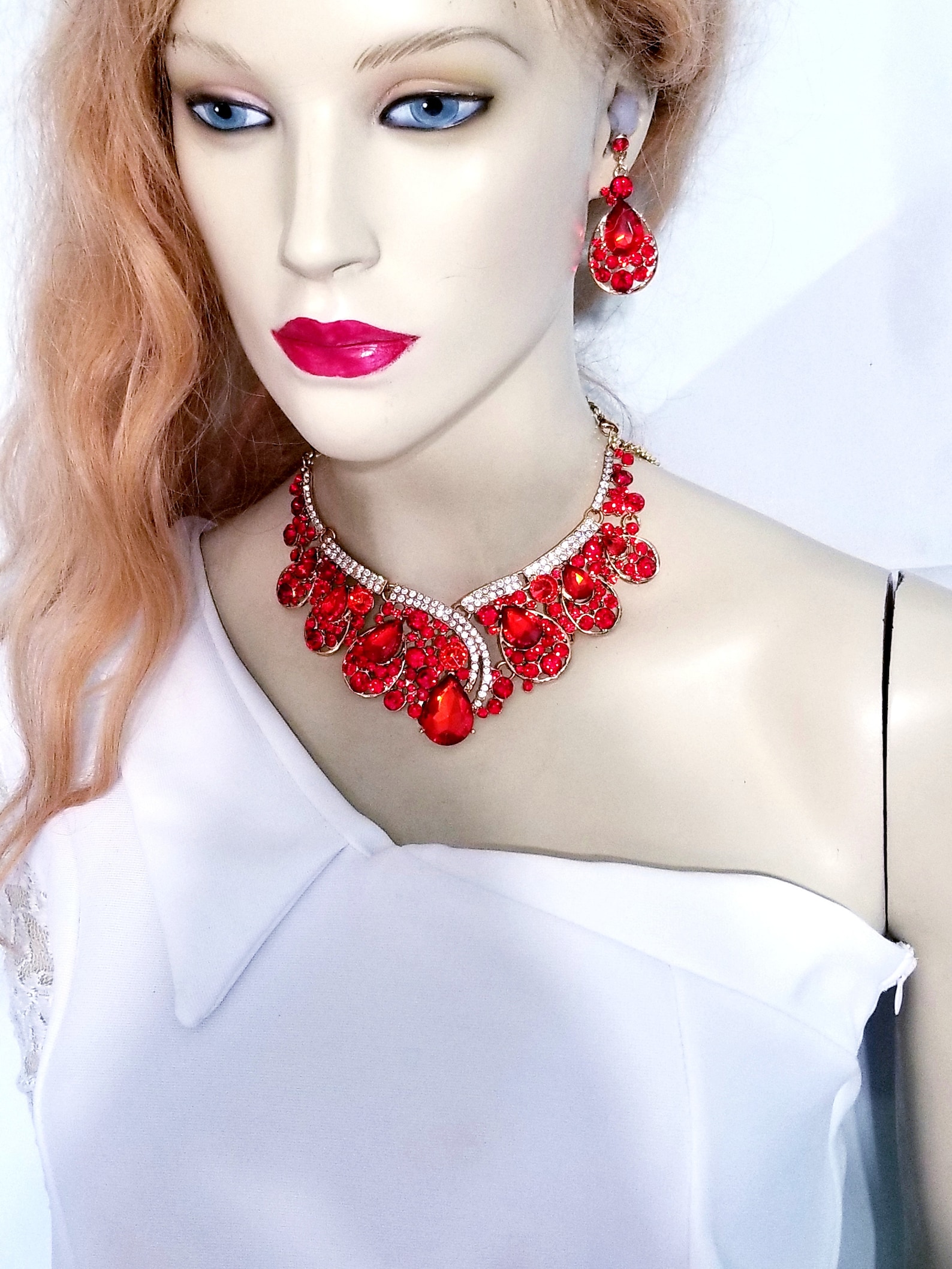 Red Statement Necklace Rhinestone Necklace Set Bridal Etsy