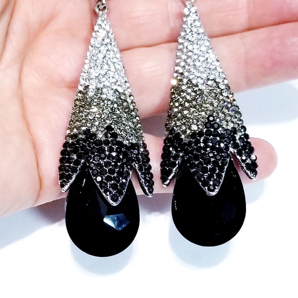 Black Chandelier Earrings, Gray Ombre Rhinestone, Gothic Dangle Earrings, Gift for Her 3.1 inch