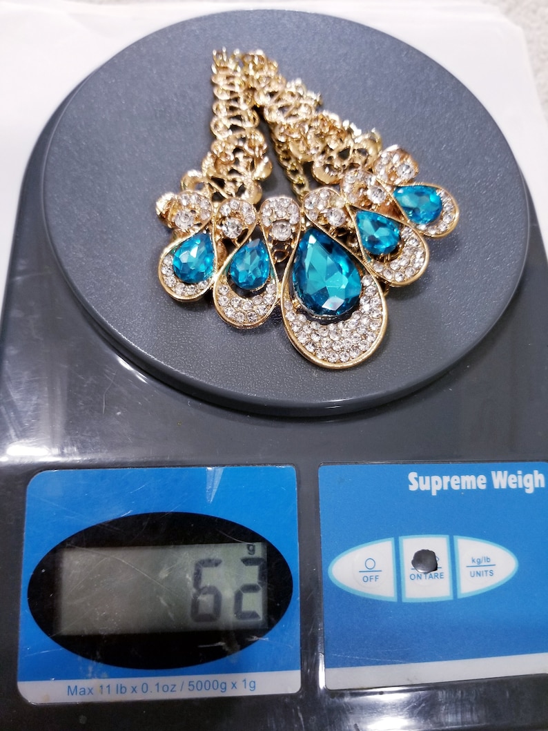 Aqua Statement Necklace Large Crystal Necklace Rhinestone Pageant Jewelry Necklace Earring Set