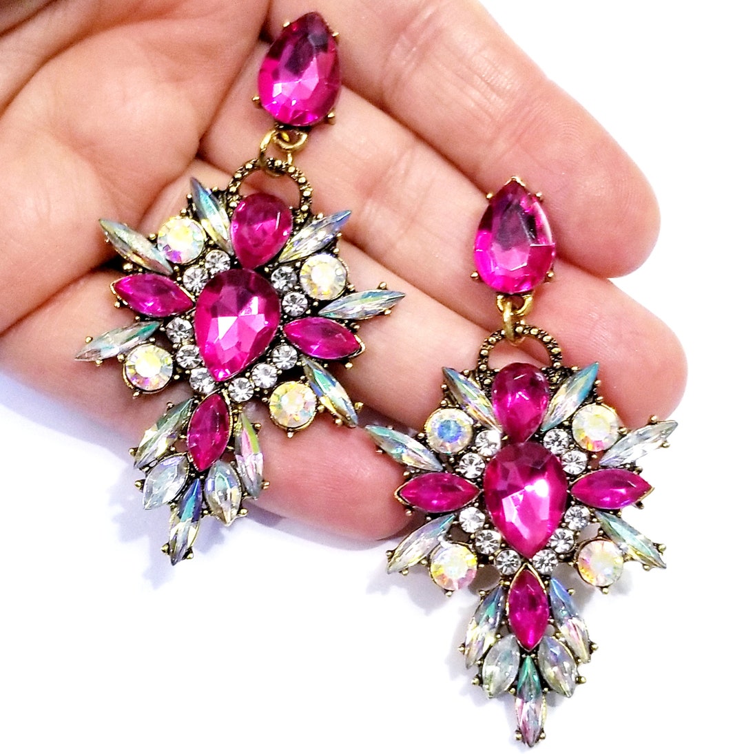 Chandelier Earrings Pink Rhinestone Crystal Bridal Prom Pageant 2.8