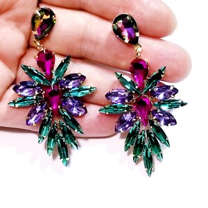 Multi Color Earrings, Bridesmaid Rhinestone Earrings, 2.8 Inch Pageant Jewelry, Crystal Chandelier Earrings, Gift for Her