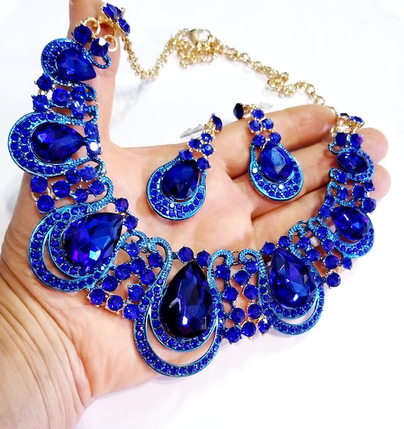 Blue Statement Necklace, Bridal Rhinestone Necklace, Stage Pageant