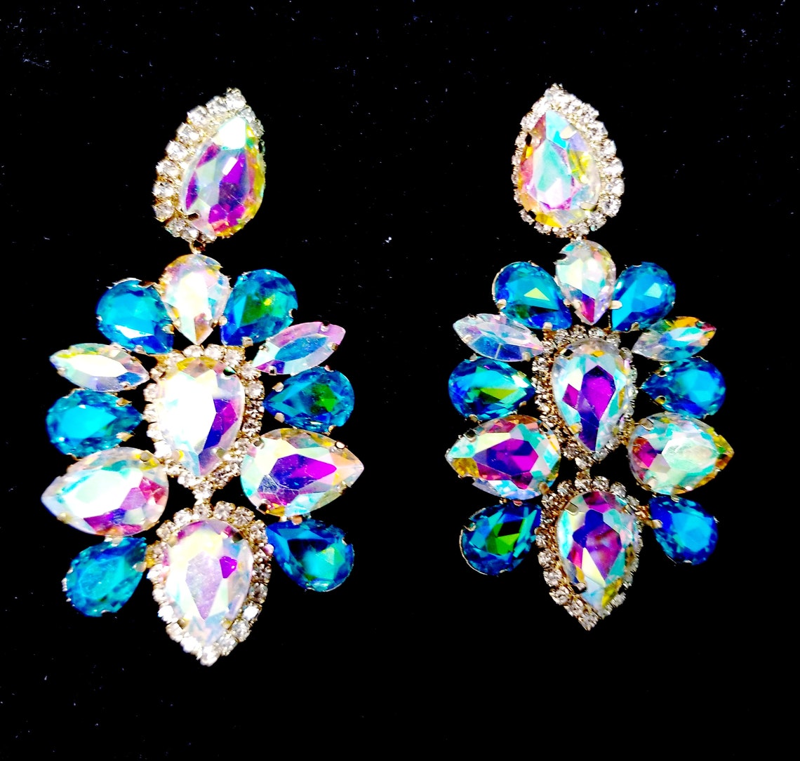 Rhinestone Clip on Earrings Chandelier Drop Earrings Blue AB Etsy