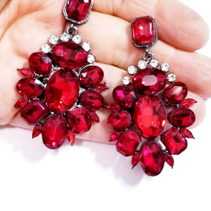 Red Chandelier Earrings, Rhinestone Prom Jewelry, Austrian Crystal Earrings, Bridal Drop Earrings, 2.6 inch Gift for Her