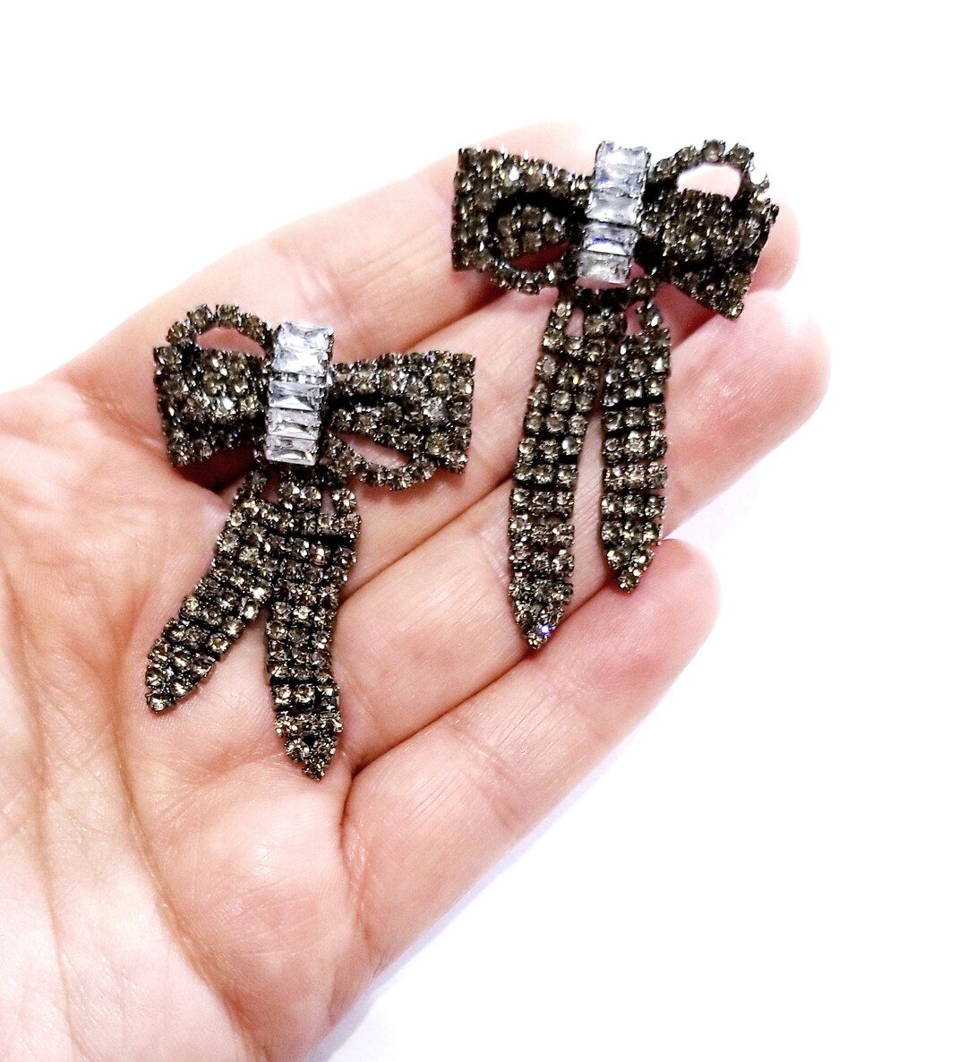 Bow Tie Earrings, Clip on Chandelier Earrings, Rhinestone Austrian