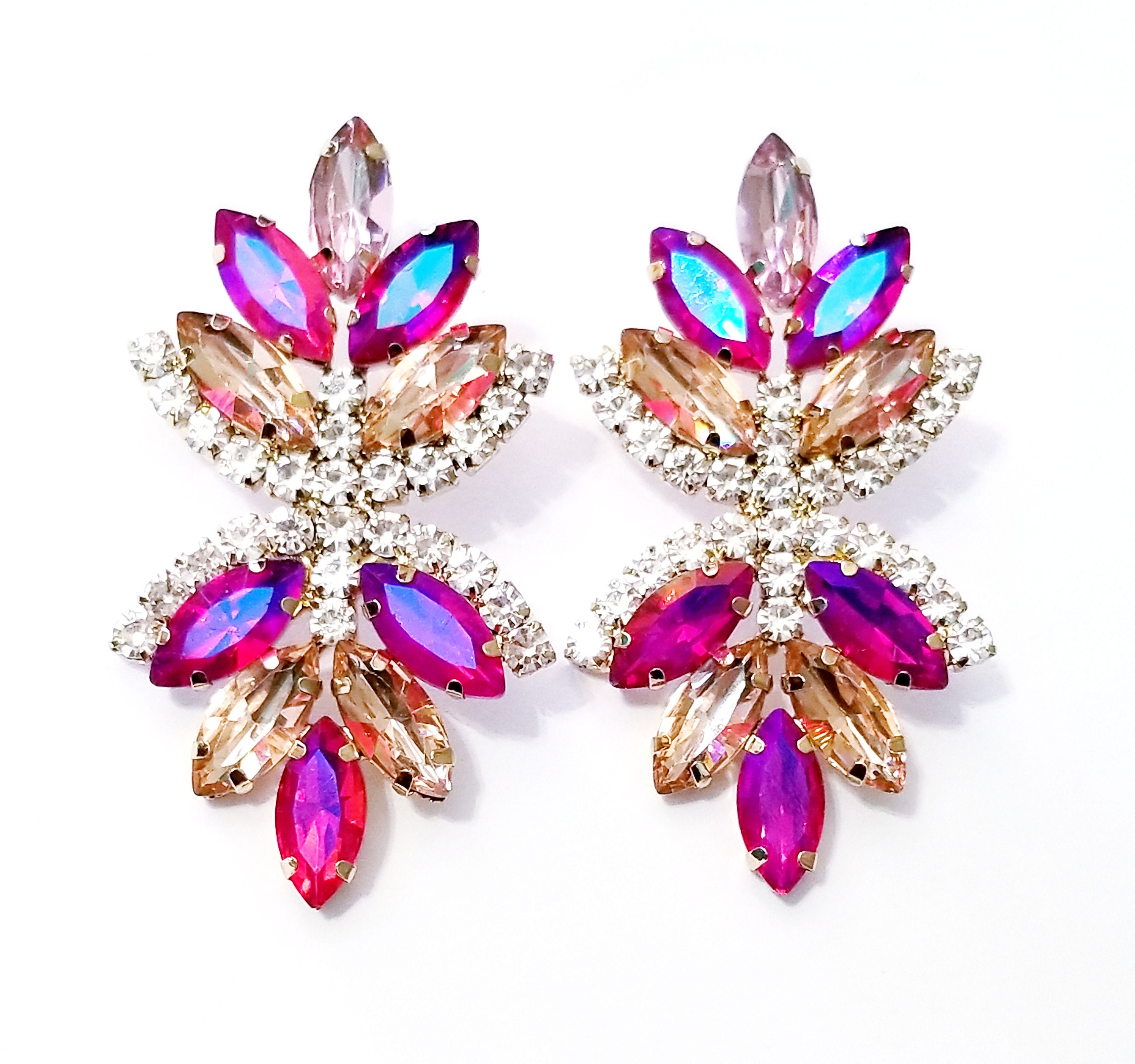 Rhinestone Drop Earrings Pink Chandelier Earrings Dangle Etsy UK