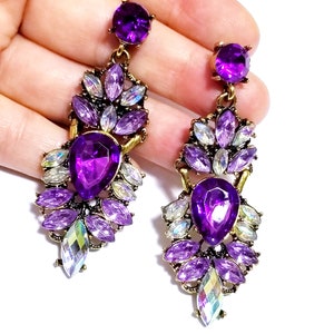 Bridesmaid Drop Earrings, Rhinestone Crystal Earrings, 3 in Purple Chandelier Earrings