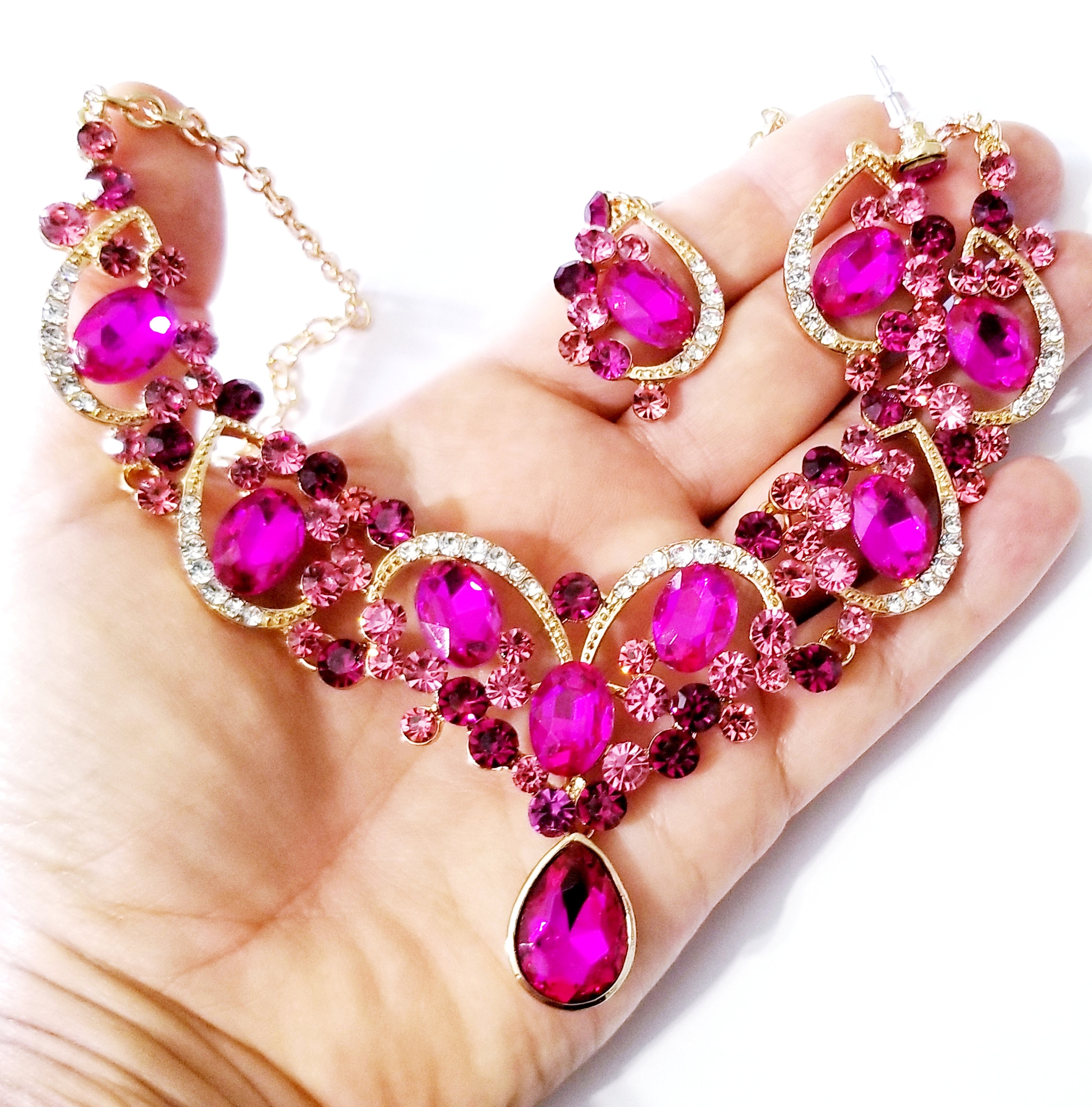 Pink Statement Necklace Rhinestone Necklace Set Crystal Etsy UK