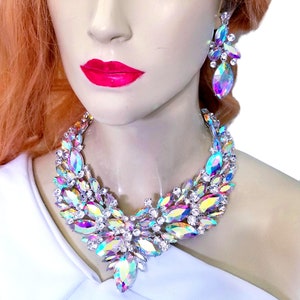 Rhinestone Crystal Choker, Iridescent Necklace Earring Set, AB Bridesmaid Necklace, Gift for Her