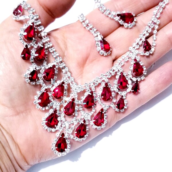 Rhinestone Crystal Necklace Set, Pageant or Prom Jewelry, Red Statement Necklace, Bridal Wedding Necklace, Pageant Stage Jewelry