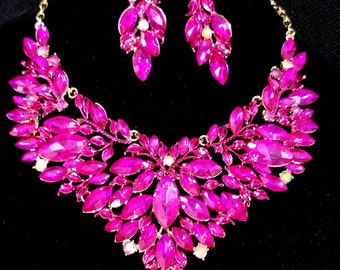 Hot Pink Statement Necklace, Necklace Earring Set, Large Crystal Necklace, Rhinestone Pageant Jewelry, Gift for Her