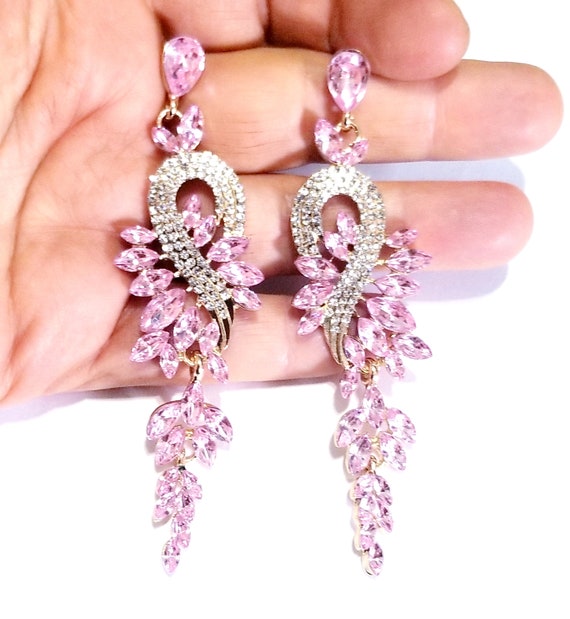 Chandelier CLIP on Earrings Rhinestone Pink Earrings Dangle
