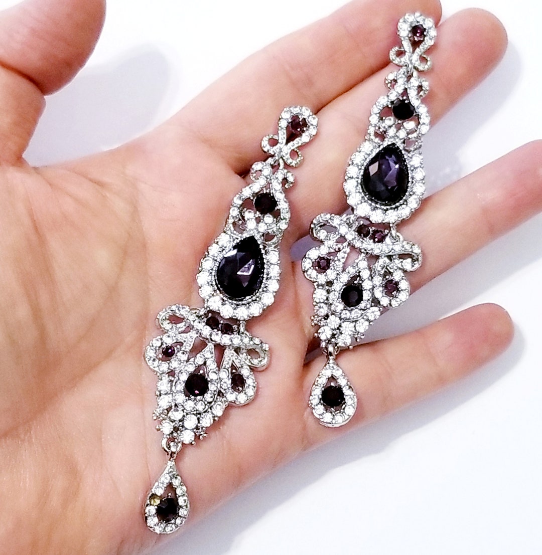 Purple Chandelier Earrings, Rhinestone Austrian Crystal Jewelry