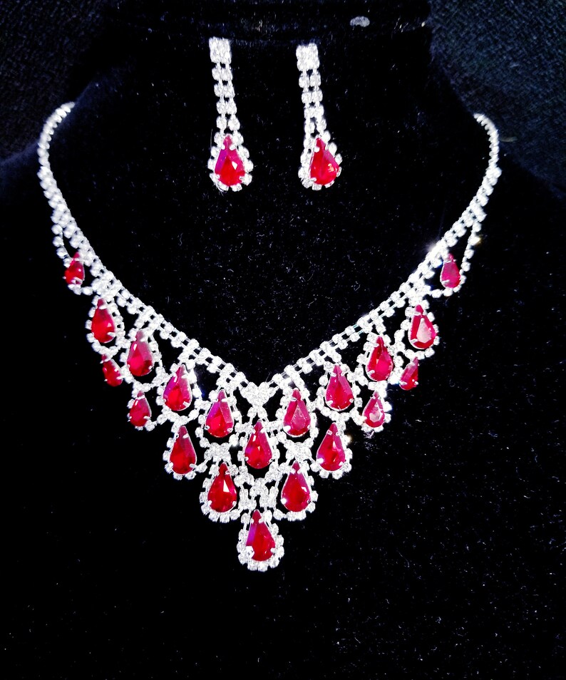 Rhinestone Crystal Necklace Set Pageant or Prom Jewelry Red Etsy