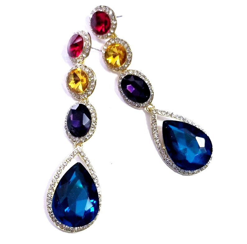 Multi Color 3.5 inch Pageant Drop Earrings Rhinestone Crystal Earrings