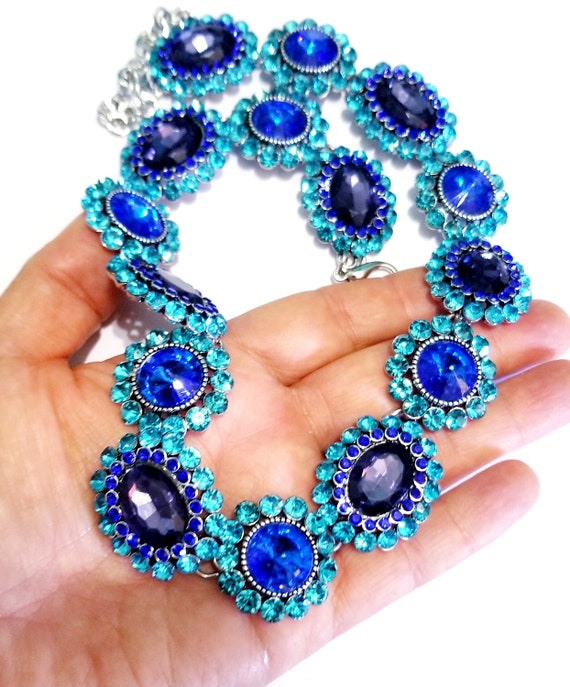 Blue Statement Necklace, Bridal Rhinestone Necklace, Stage Pageant
