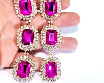 Rhinestone Pierced Earrings, Large Chandelier Earrings, Pink Drop Pageant Earrings, Gift for Her 3.9 inch