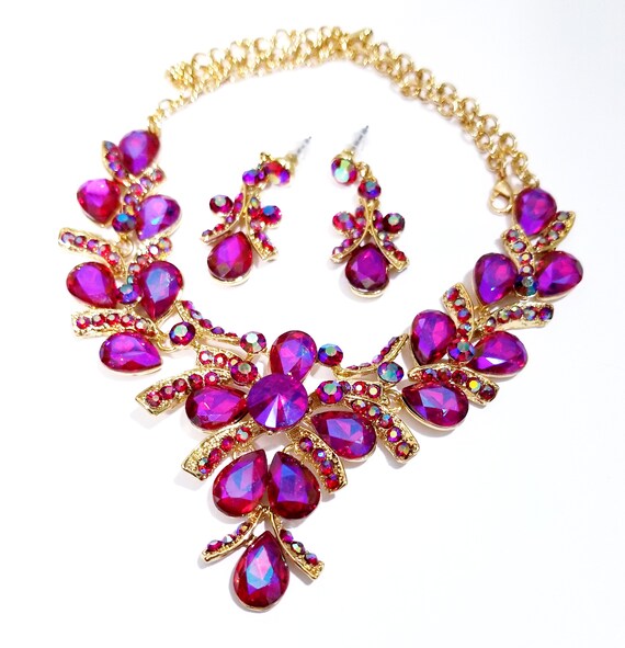 Dark Pink Pink New Za Luxury Crystal Rhinestones Necklace Earrings Jewelry  Sets For Women Girl