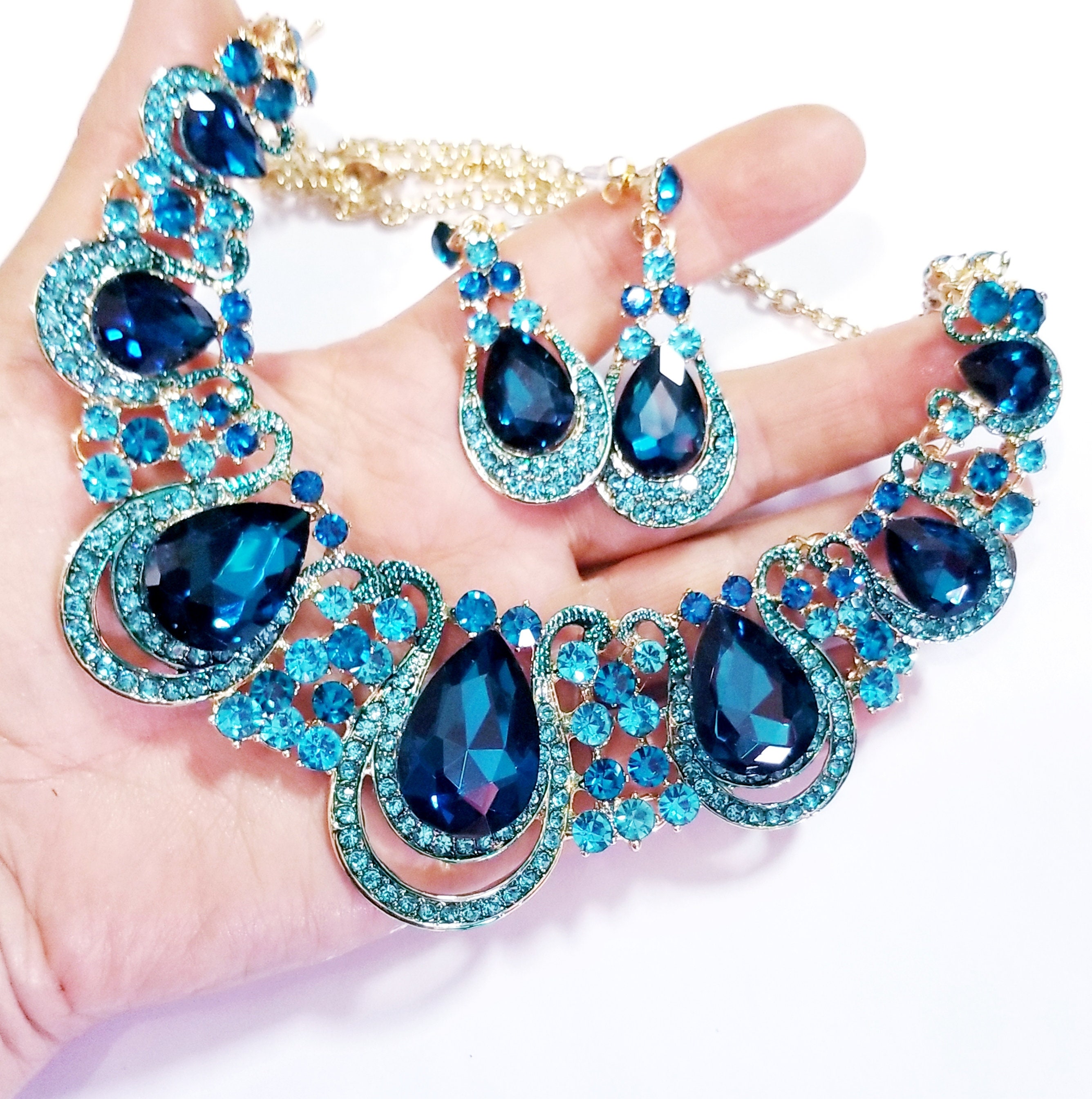 Ocean Blue Rhinestone Crystal Silver Necklace Set | MYSTICFLAVIA – Mystic  Flavia