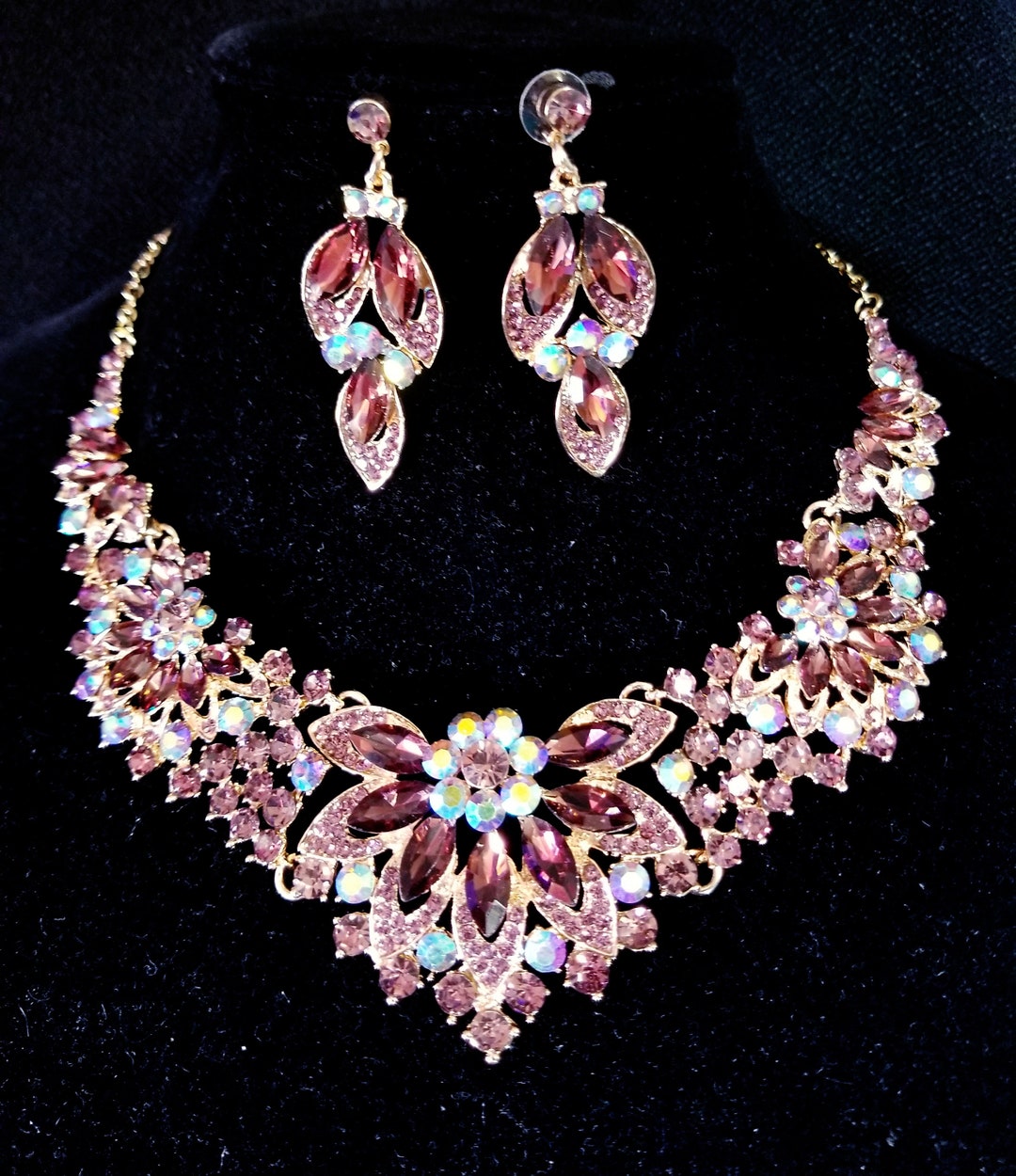 Eggplant AB Color Necklace Set Rhinestone Necklace Earrings Etsy