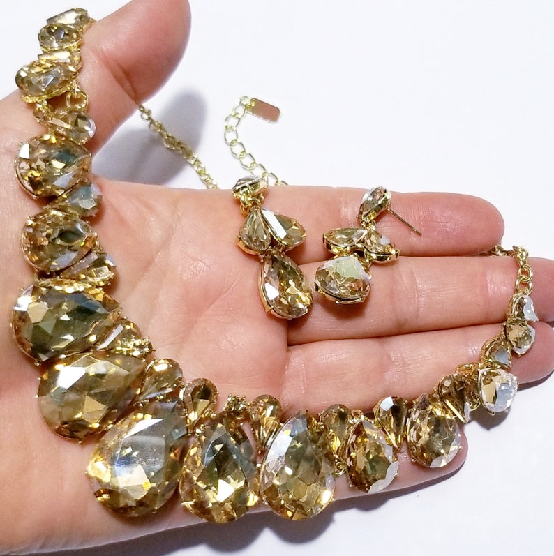 Topaz Rhinestone Austrian Crystal Choker Necklace Earring Set Pageant Drag Exotic Belly Ballroom Dancer Rave Cocktail Party Gift Wedding