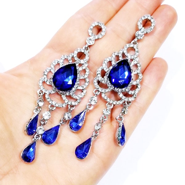 Blue Chandelier Earrings, Prom Rhinestone Crystal Drop Earrings, Statement Earrings 3.8 Inch, Crystal Stage or Pageant Jewelry