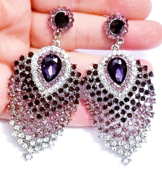 Purple Peacock Feather Chandelier Earrings Rhinestone - Etsy