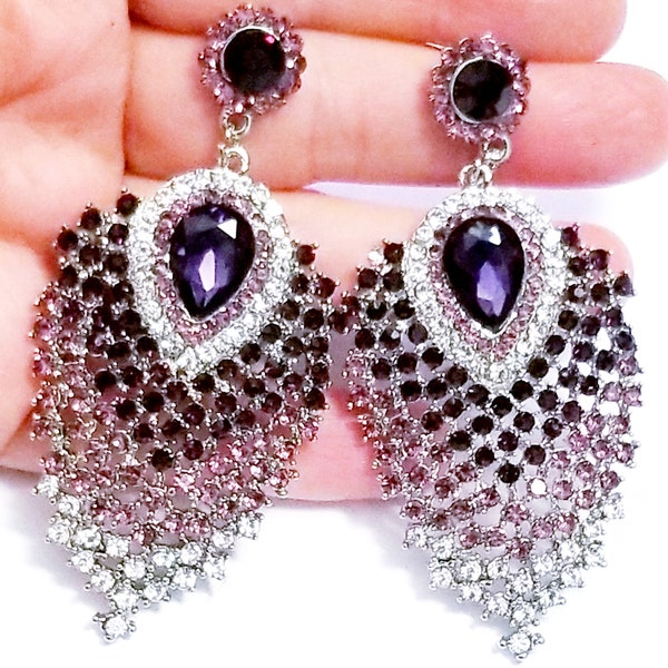 Purple Peacock Feather Chandelier Earrings, Rhinestone Austrian Crystal Jewelry, Pageant and Prom Jewelry, 3.1 inch