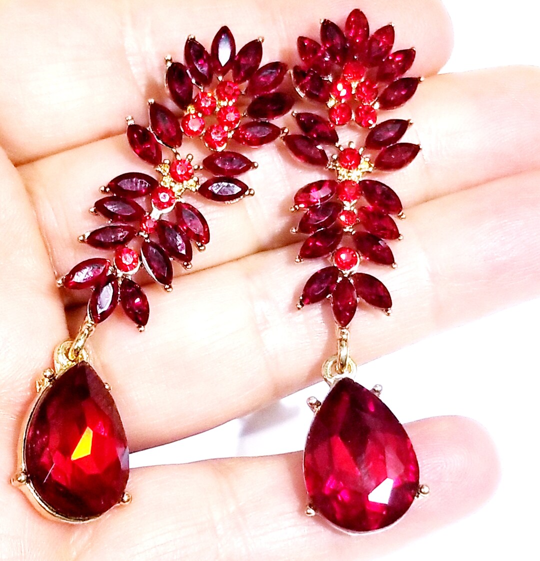 Clip on Earrings, Red Drop Pageant Earrings , Rhinestone Chandelier
