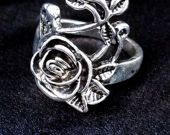 Sterling Silver Ring, Rose Floral Ring, Antiqued Rose Jewelry, Gift for Her