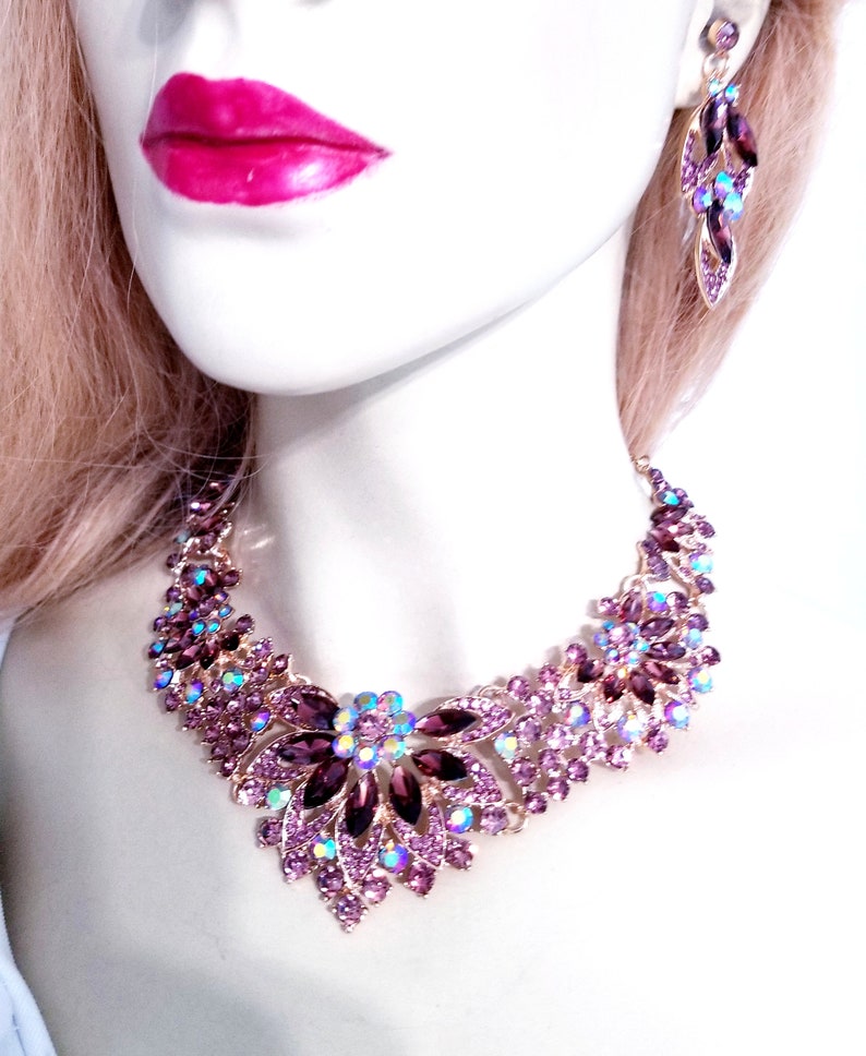 Eggplant AB Color Necklace Set Rhinestone Necklace Earrings Etsy