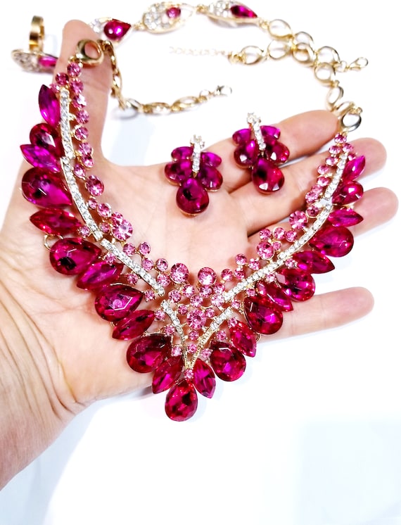 Hot Pink Statement Necklace, Necklace Earring Set, FREE Bracelet Ring,  Rhinestone Pageant Jewelry, Gift for Her - Etsy