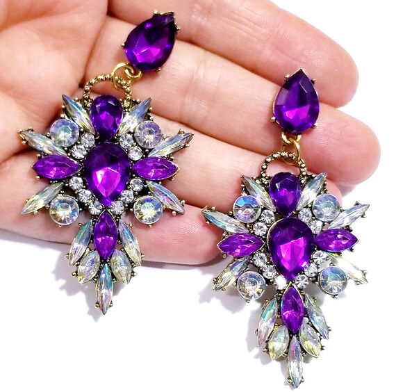 Chandelier Earrings Purple Rhinestone Crystal Bridal Prom - Etsy