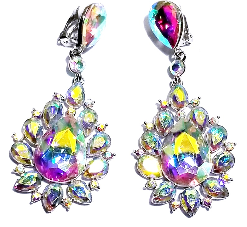 Rhinestone Clip On Chandelier Earrings Bridal Prom Pageant 3.2 inch AB Drag Exotic Belly Dancer Rave Cocktail Party Gift Wedding