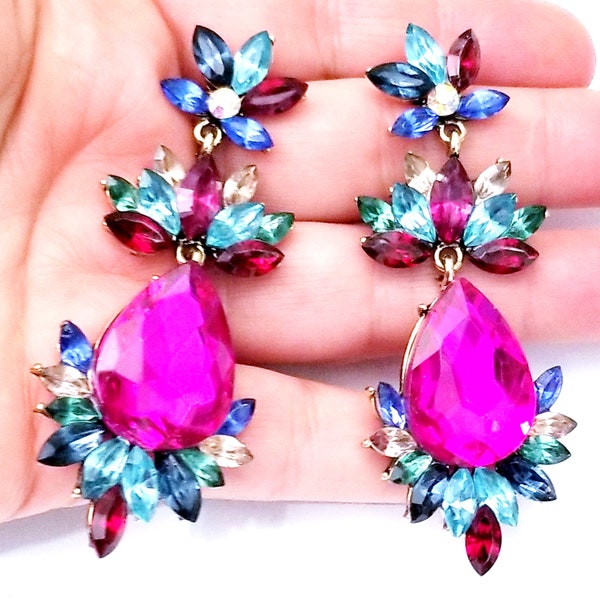 Rhinestone Chandelier Earrings Rhinestone Pink Multi 3 in