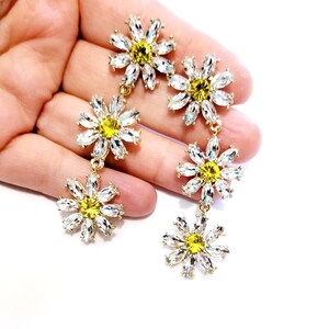 Rhinestone Drop Earrings, Floral Crystal Earrings, Sunflower Pageant Jewelry, Drag 2.8 inch