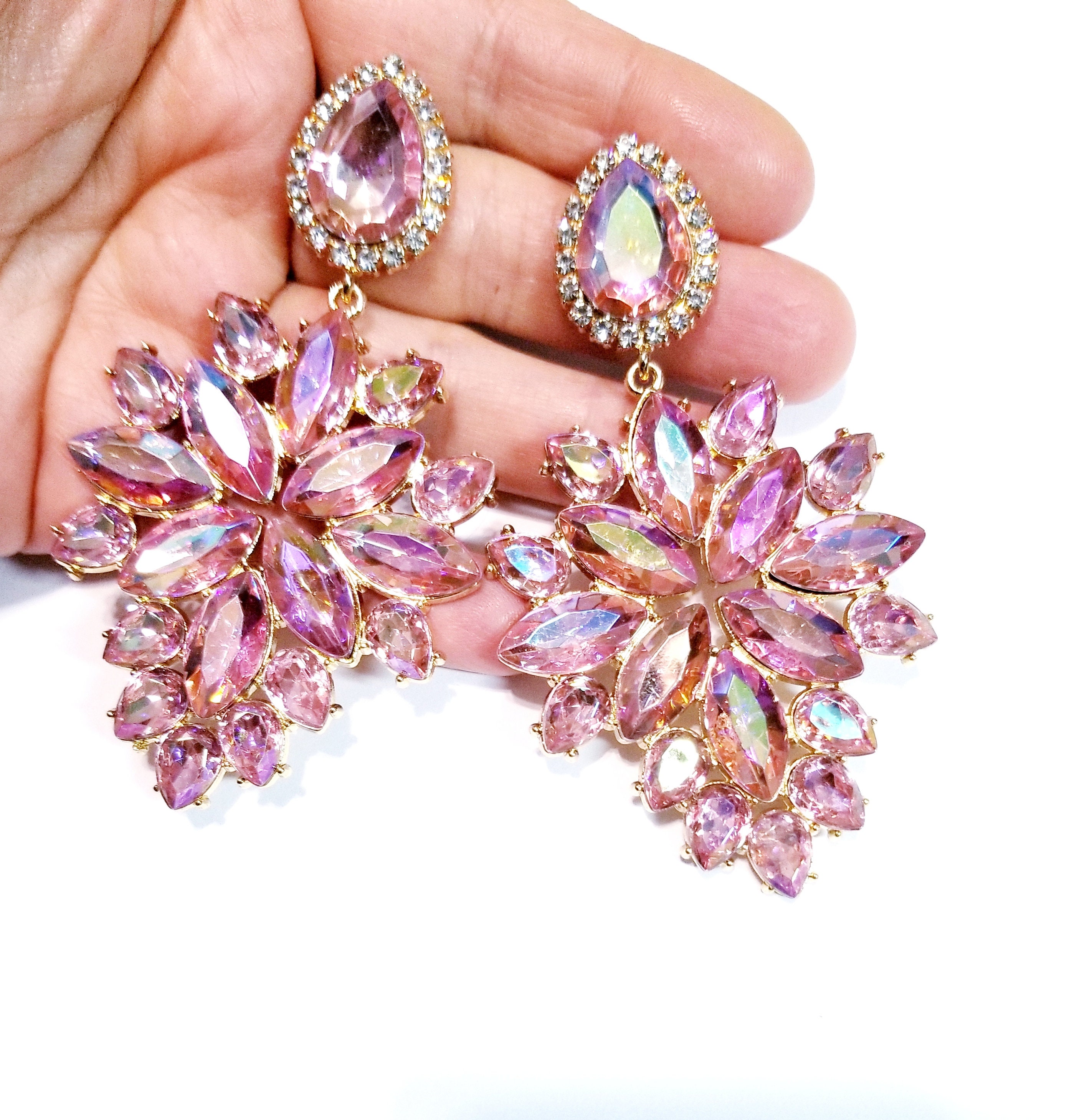 Rhinestone Statement Earrings Chandelier Drop Earrings Pink Etsy