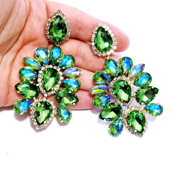 Rhinestone PIERCED Earrings Chandelier Drop Earrings Green