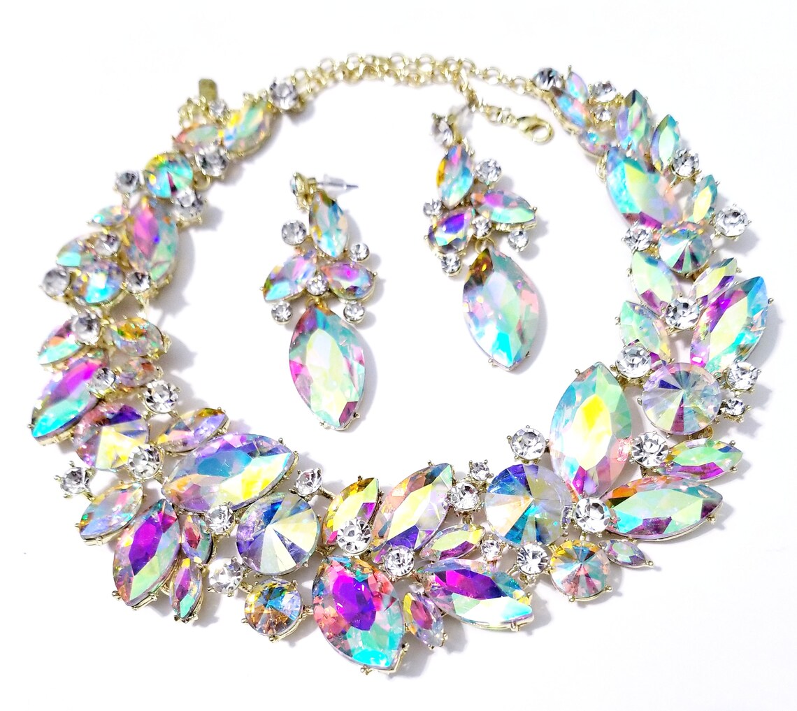 AB Statement Necklace Necklace Earring Set Large Crystal Etsy