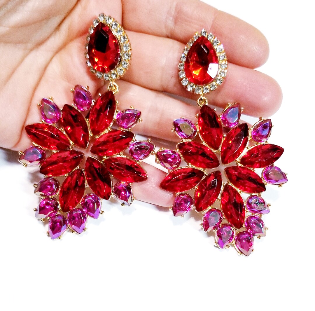 Rhinestone Statement Earrings, Chandelier Drop Earrings, Red Pink