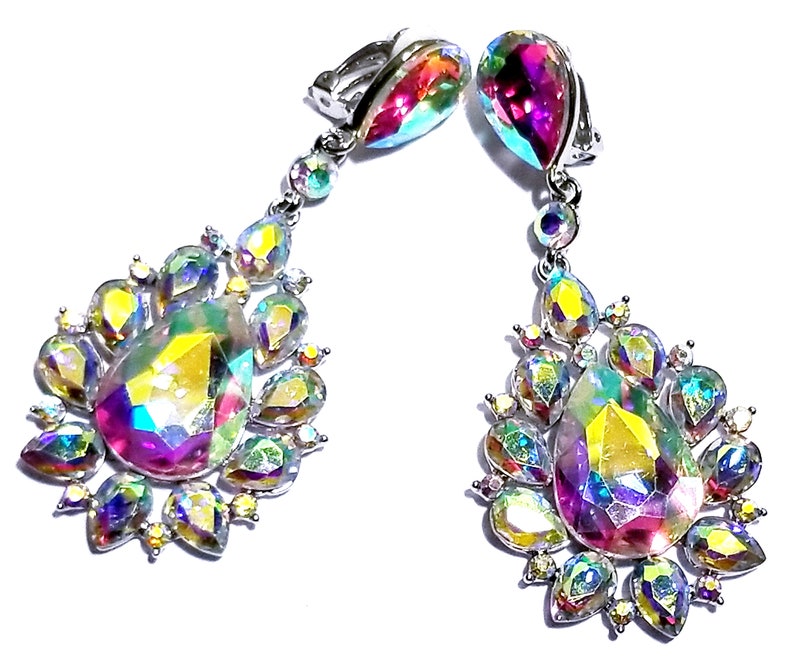 Rhinestone Clip On Chandelier Earrings Bridal Prom Pageant 3.2 inch AB Drag Exotic Belly Dancer Rave Cocktail Party Gift Wedding