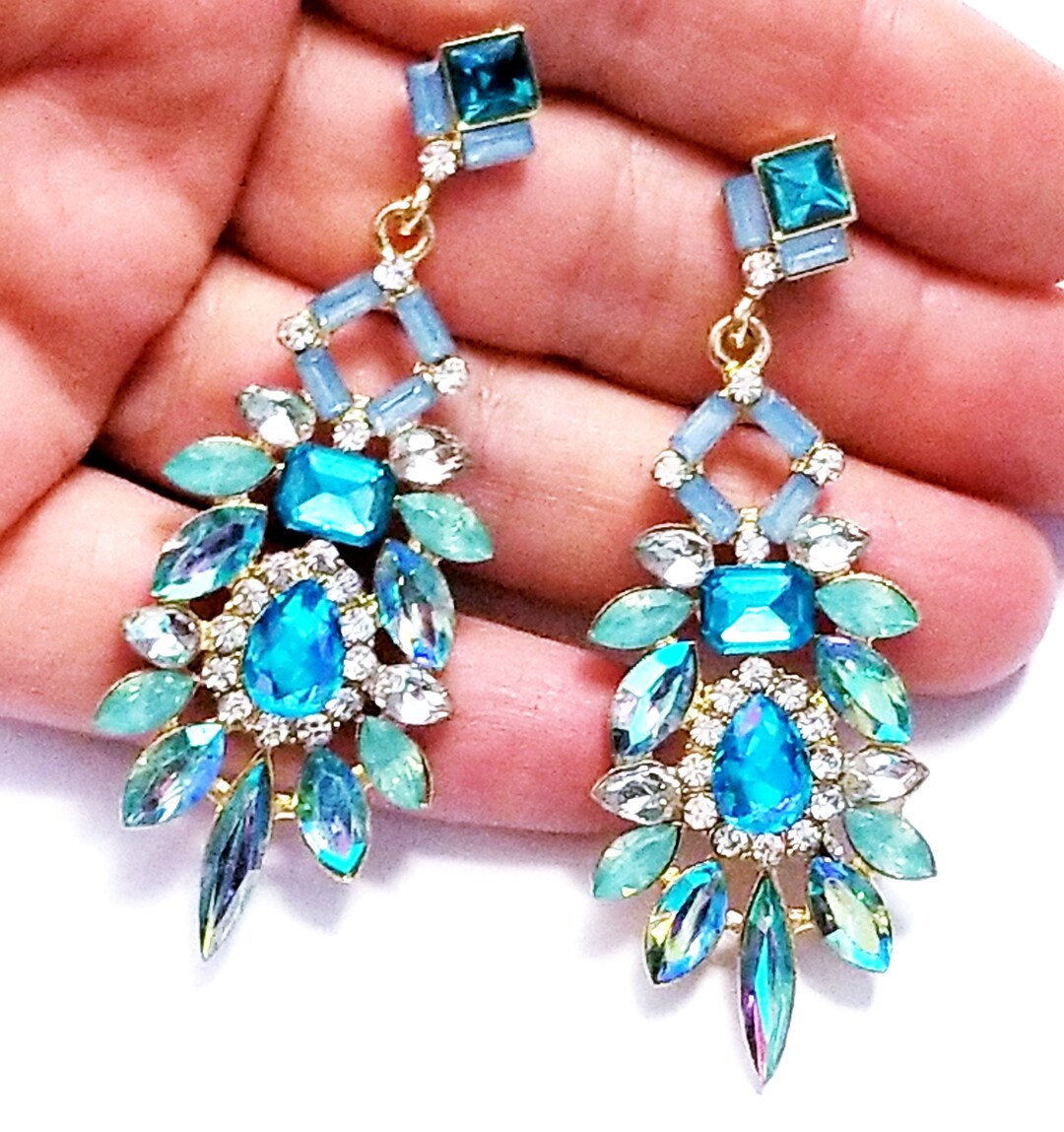 Rhinestone Drop Earrings Crystal Chandelier Earrings Blue Etsy