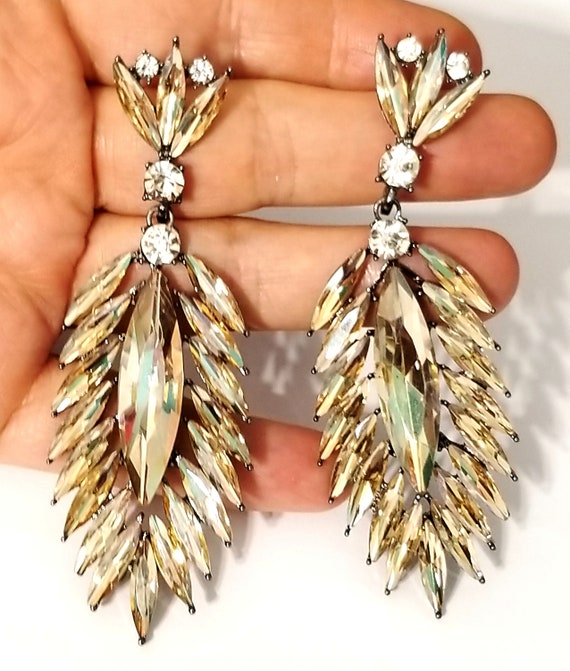 Over Sized Light Topaz Crystal and Rhinestone Statement Earrings