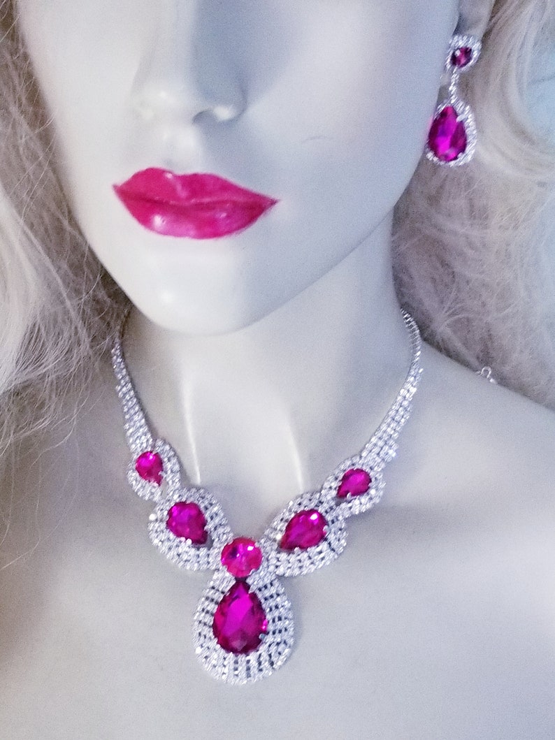 Necklace Earring Set Pink Rhinestone Necklace Austrian Crystal Choker