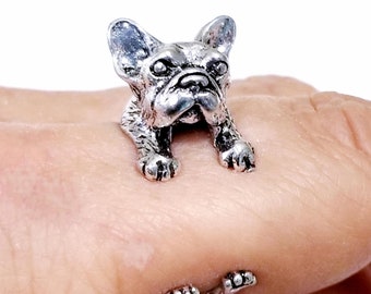 Silver Bulldog Ring, Dog Lover Jewelry, Adjustable Bull Terrier Ring